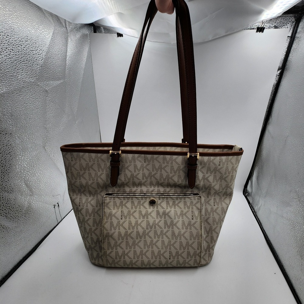 Michael Kors Handbag Womens Vanilla Signature Logo Zipper Double Handle Bag